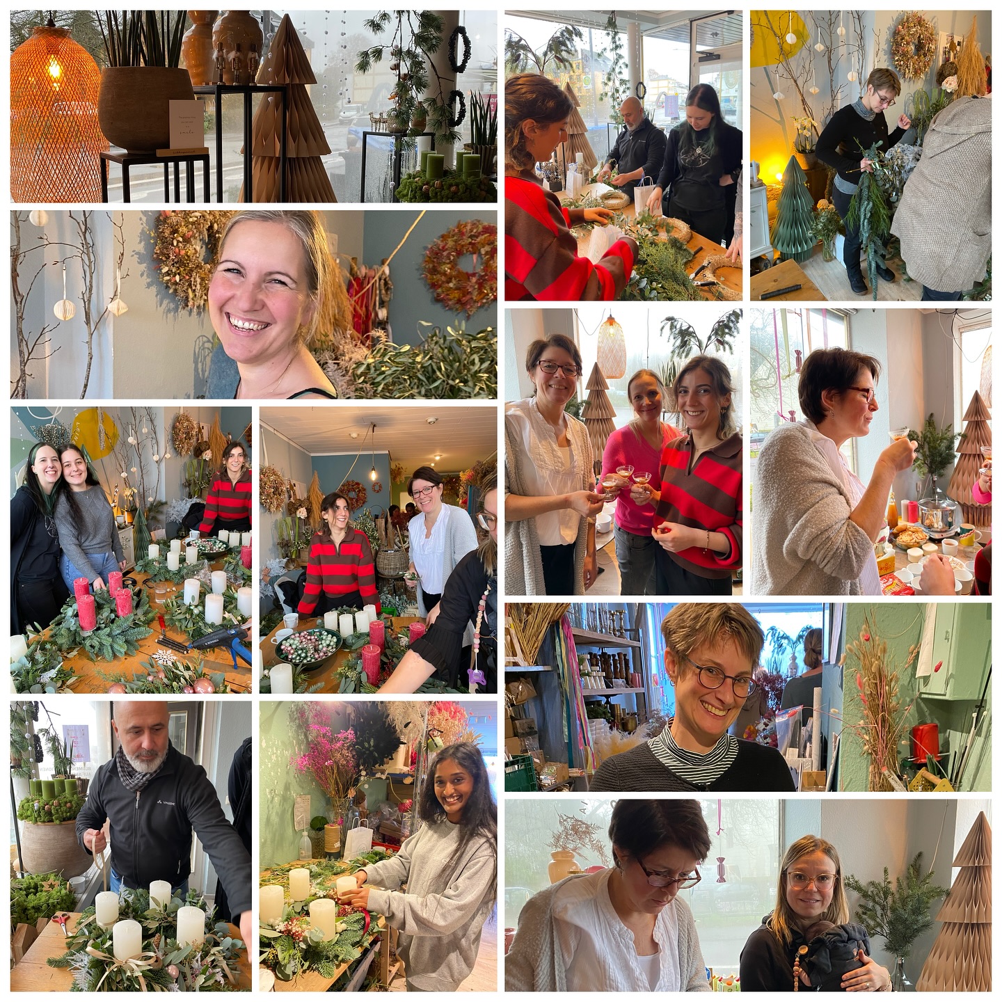 Eine Collage welche die Mitarbeiter der Praxis für Kieferorthpädie Dr. Susanne Güntzer beim Adventskranzbinden zeigt